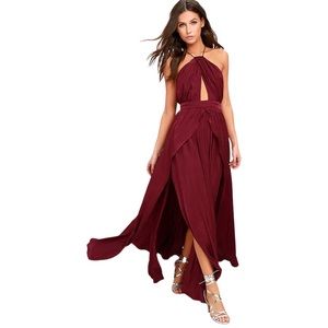 Lulus On My Own Burgundy Maxi Dress Fairy Whimsical Flowy NWT
